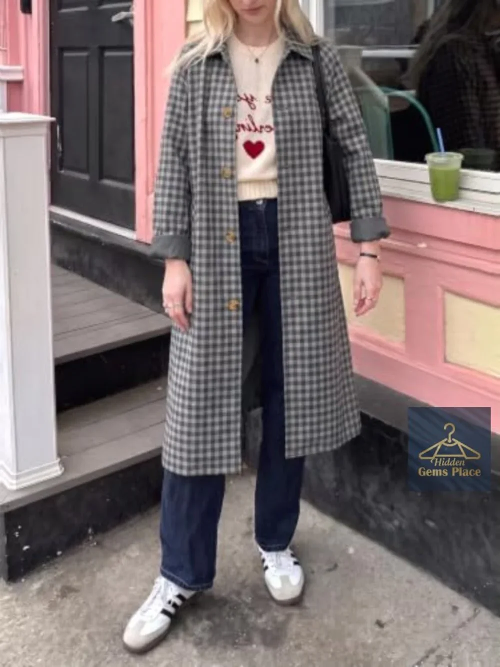 Women's Plaid Trench Coat Single Breasted Long Jacket Fall